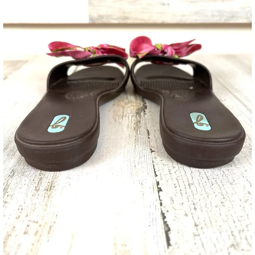 Oka-B Madison Brown Pink Floral Bow Slide Sandals Womens M/L NEW Casual